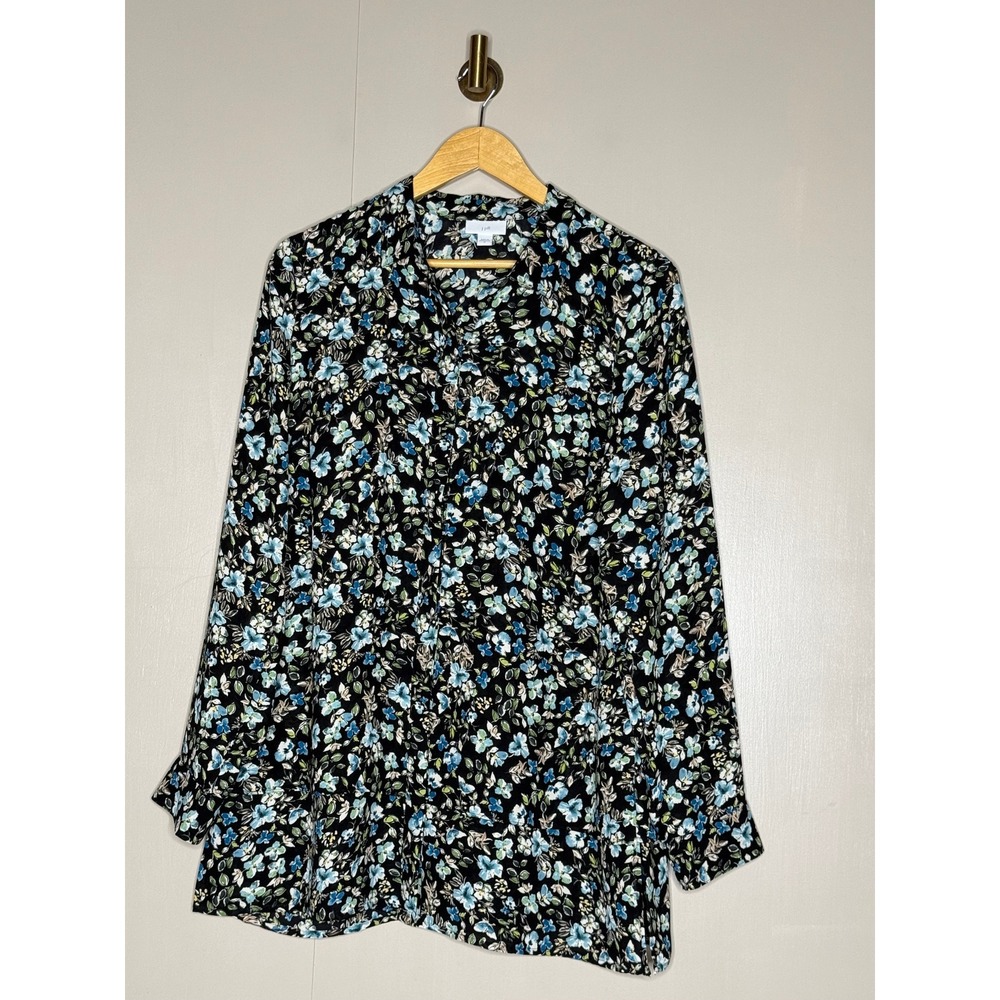 J.Jill Floral Button Front Tunic Blouse Womens Medium Black Blue